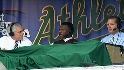 Henderson visits A's TV booth