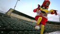 Fredbird throws his dancing shoes on and enjoys a little jig on the dugout.