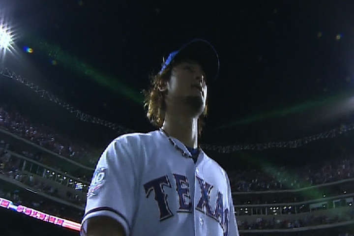 4/24/12: Yu Darvish delivers a shutout start against the Yankees, collecting 10 strikeouts and scattering seven hits over 8 1/3 innings