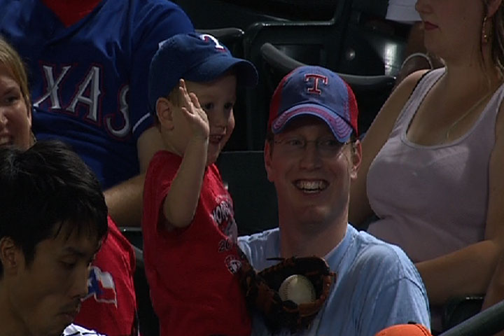 4/25/12: A young Rangers fan misses a toss from Mitch Moreland and is upset until the Rangers give him a ball of his own