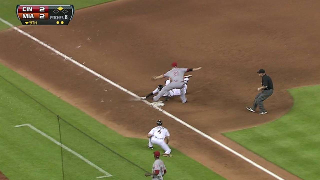 Marlins force extras, but Reds rally vs. Cishek