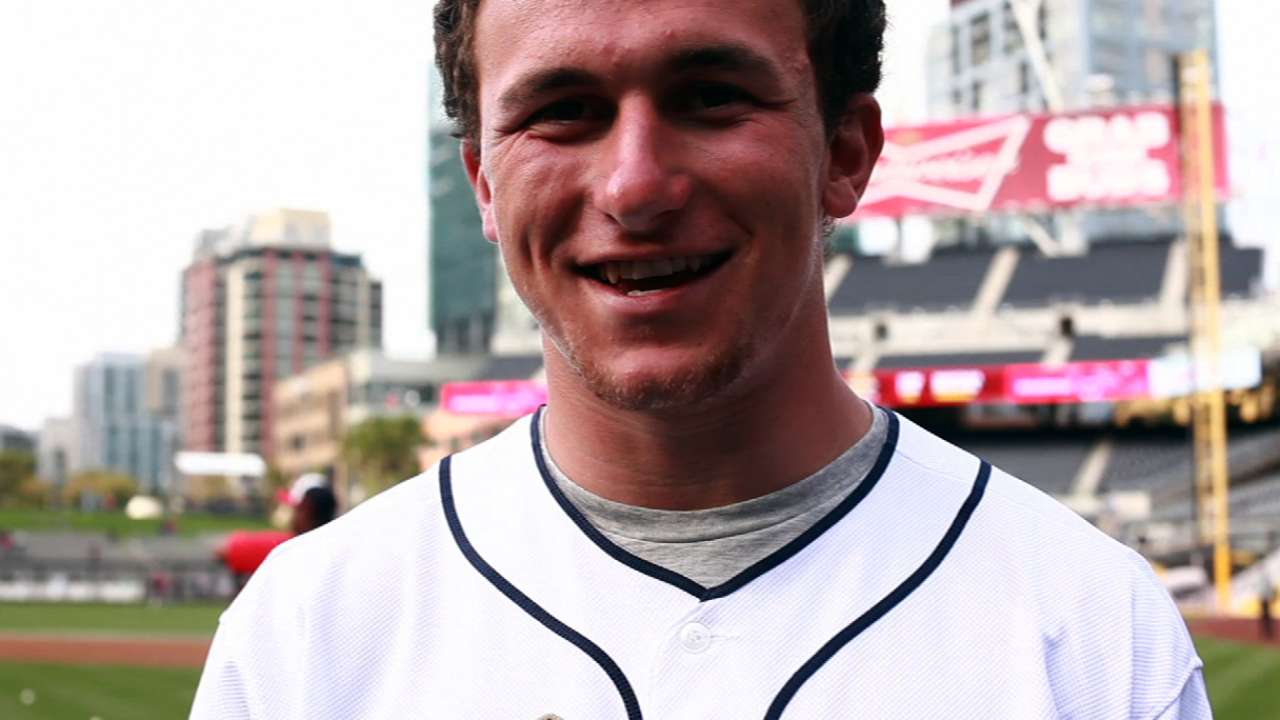 'Johnny Football' takes batting practice at Petco Park