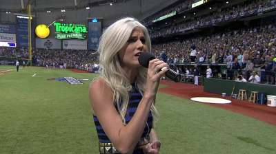 Zobrist's wife, Julianna, sings anthem at Trop