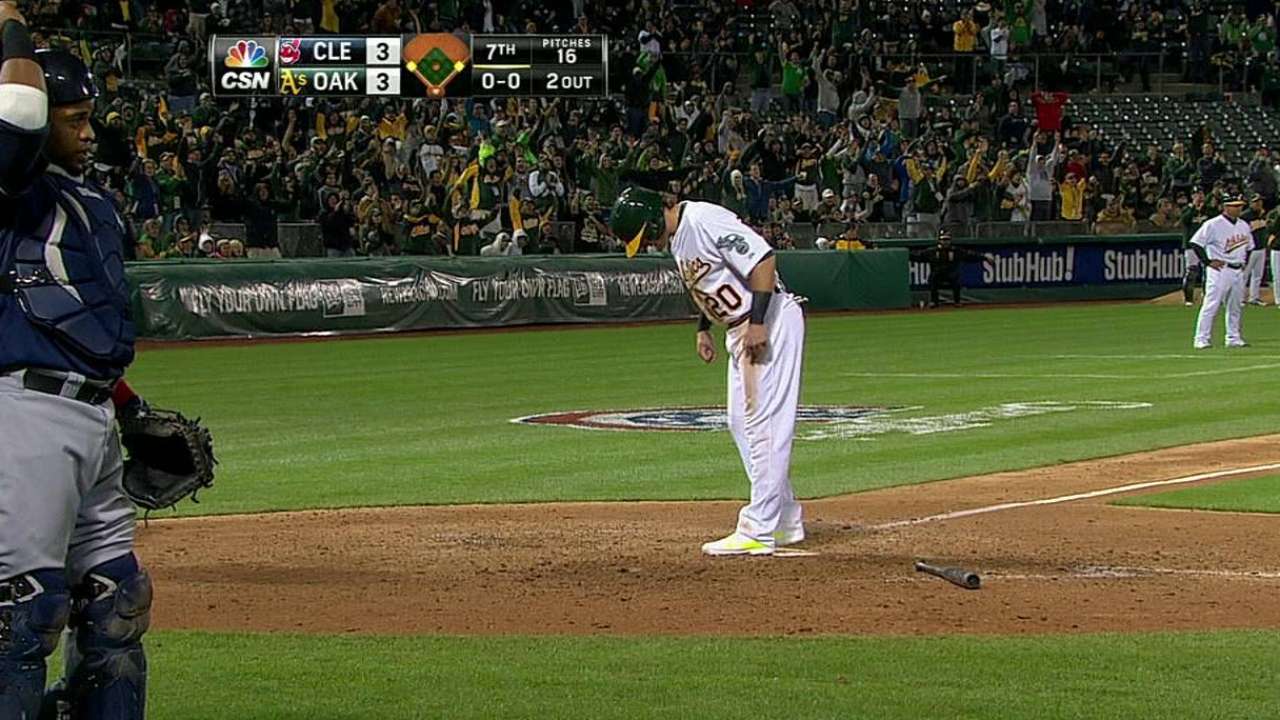 Johnson can't hold lead as A's settle for split