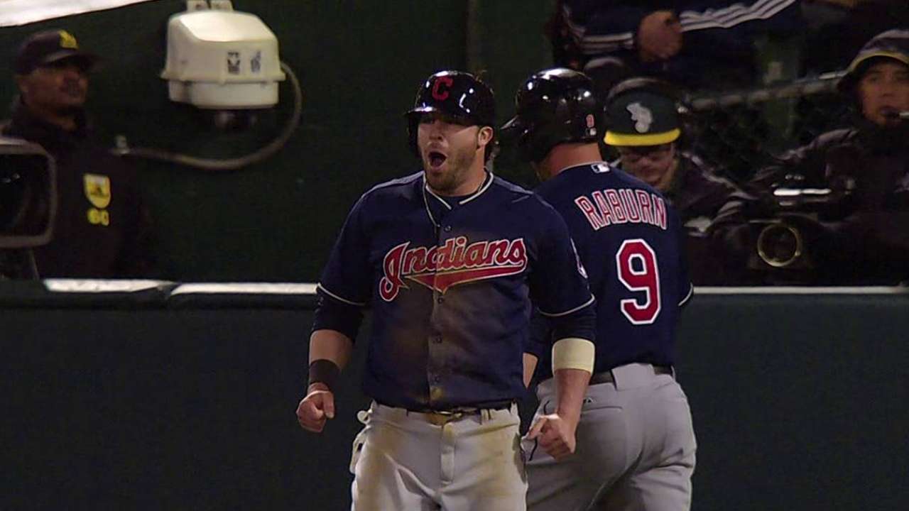 Brantley rallies Tribe to doubleheader split