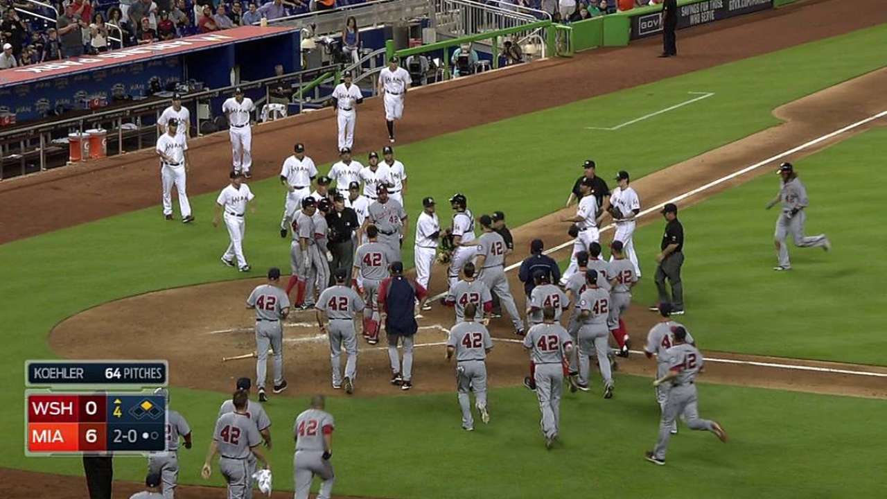 Tempers fizzle after benches clear in Miami
