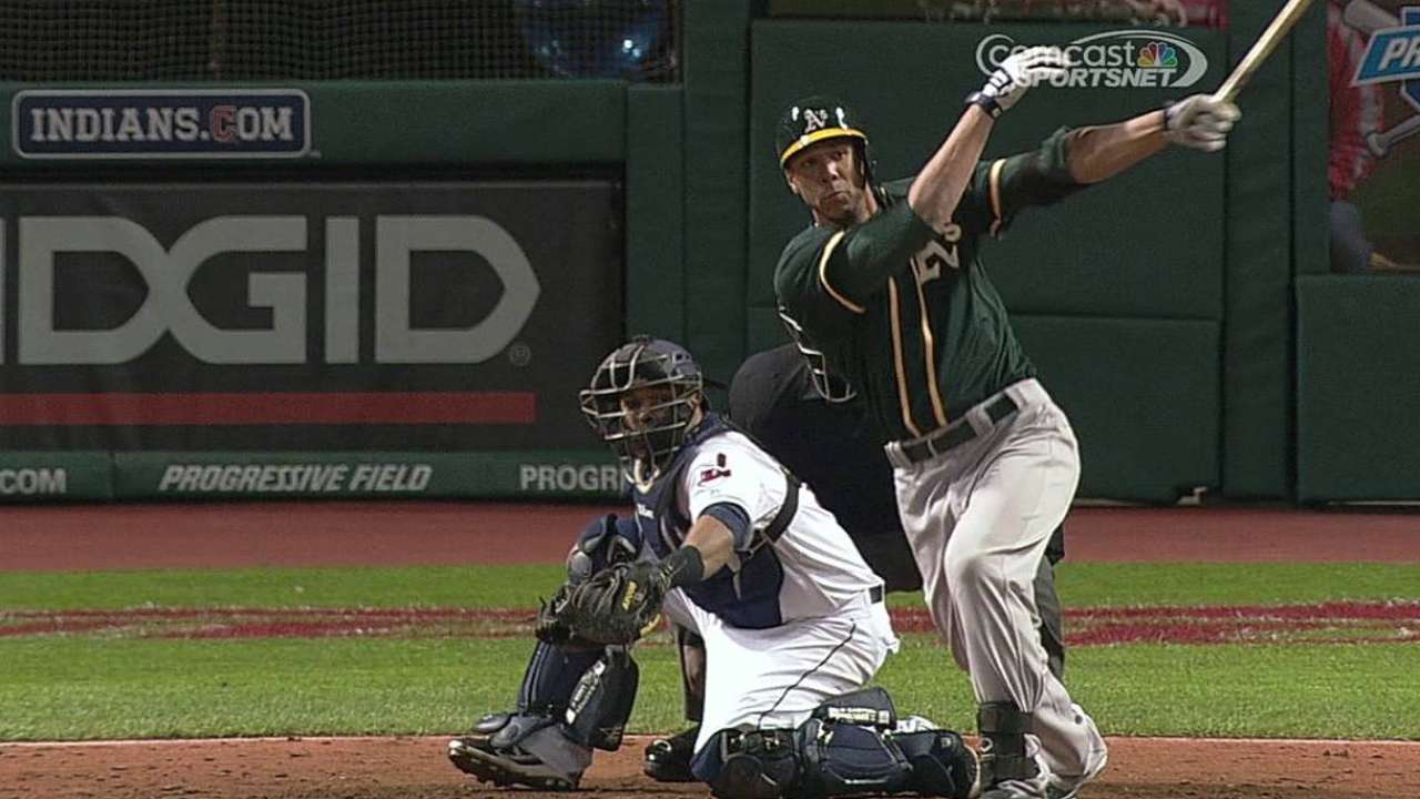 Blanks singles in first A's at-bat after whirlwind day