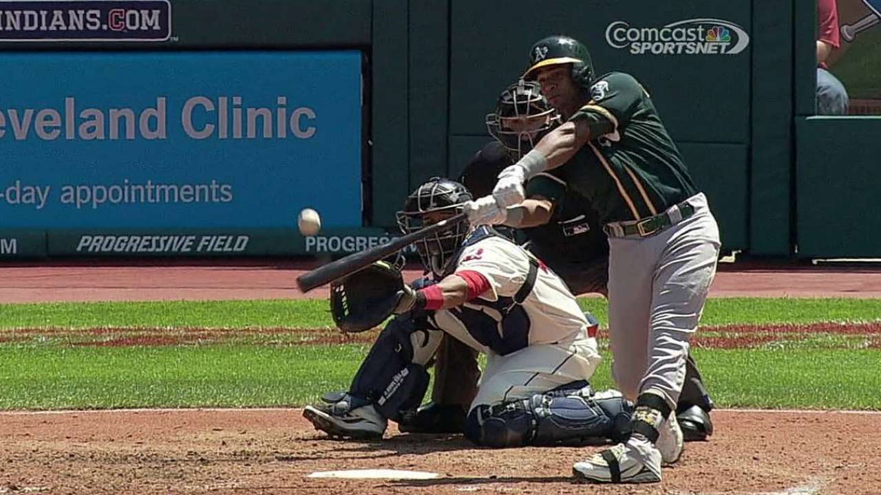 Cespedes leads A's rout to sweep Tribe