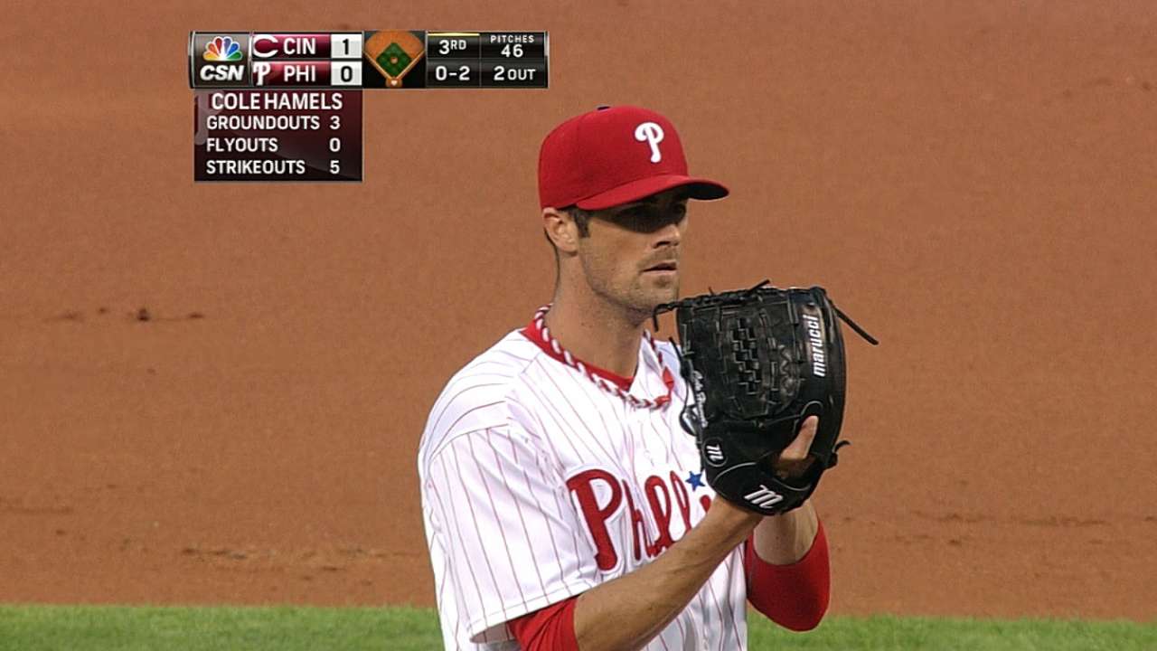 Hamels strikes out side in third on nine pitches