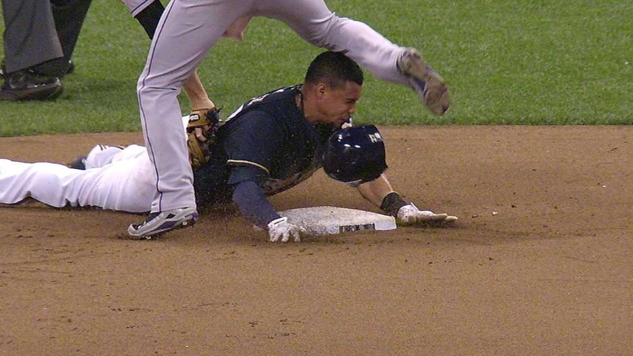 Gomez out at second after Rockies challenge