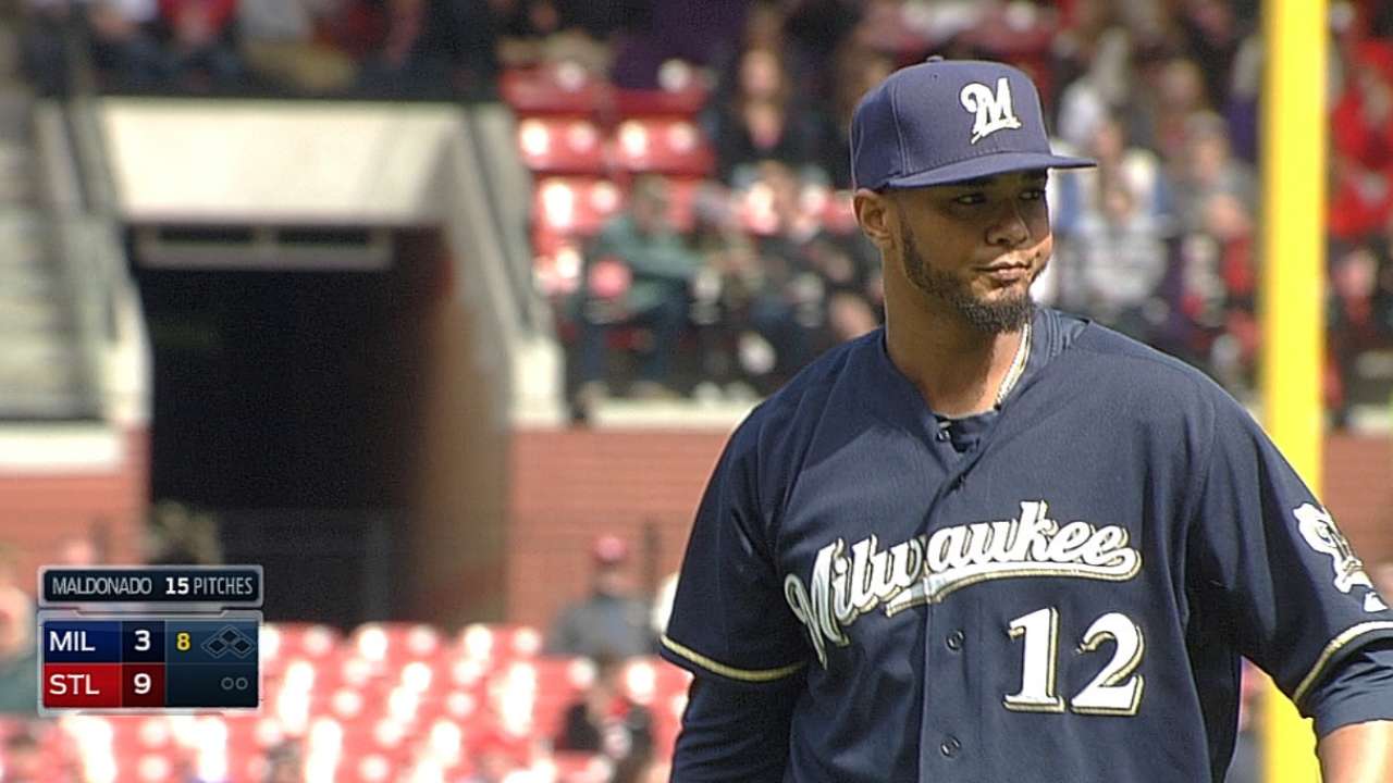 Brewers' roster crunch forces Maldonado to hill