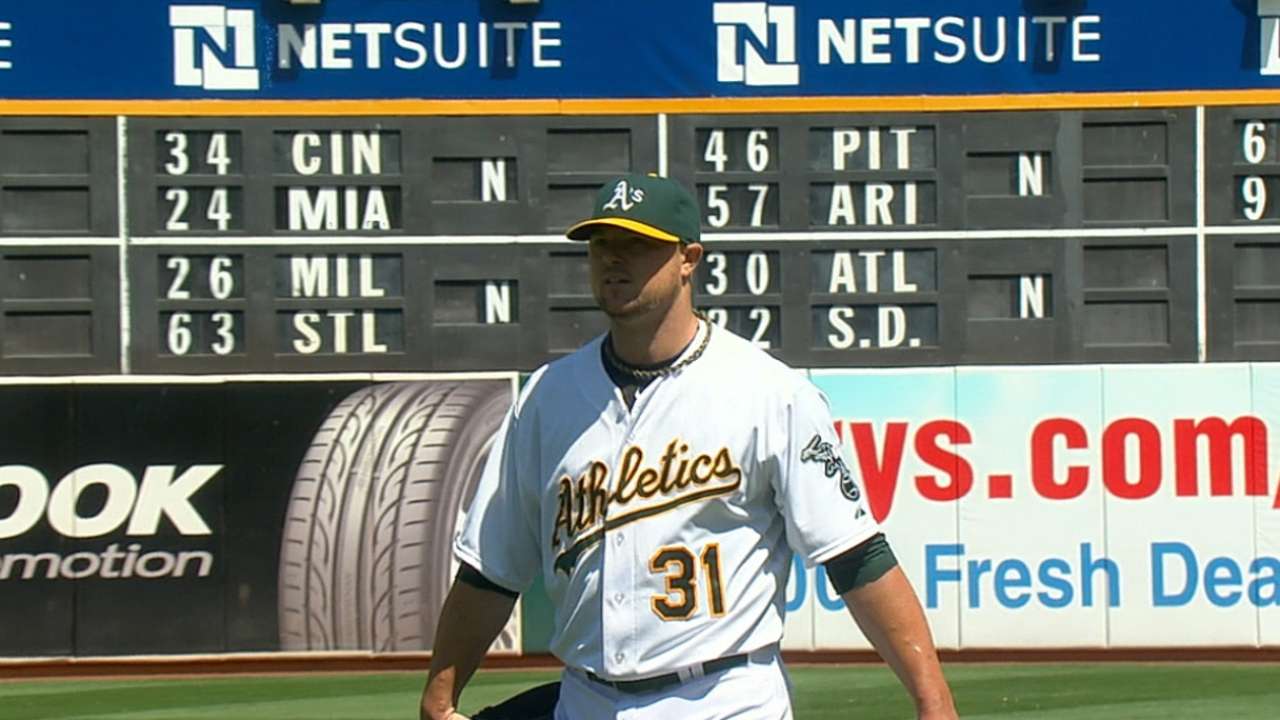 A's bats come alive in Lester's solid debut