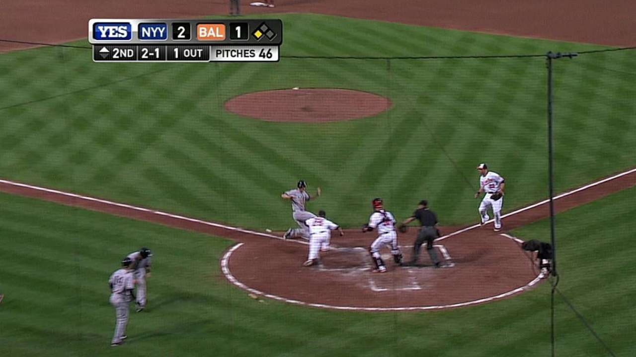 Yanks plate two on double steal, two O's errors
