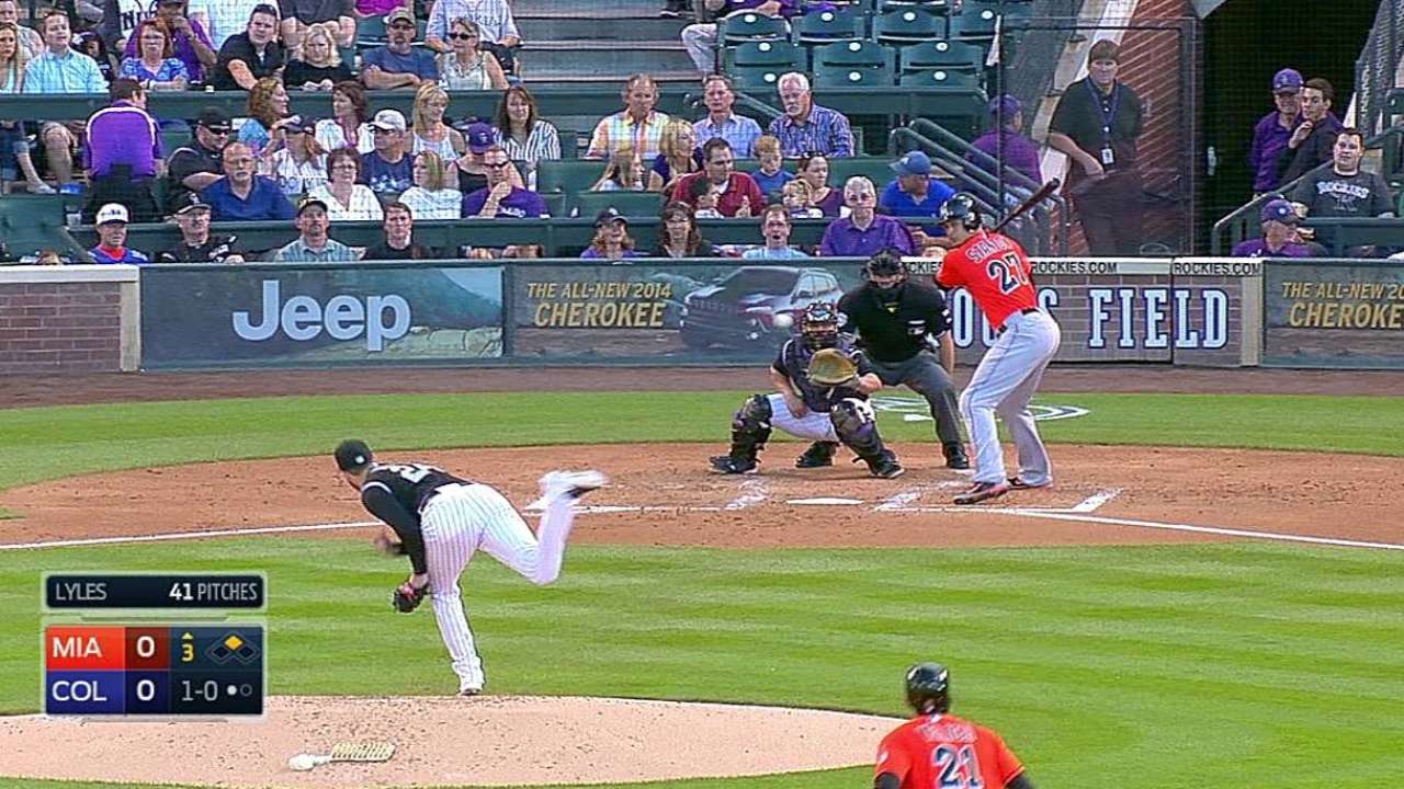 Stanton pega dos hits pero Marlins caen con Rockies