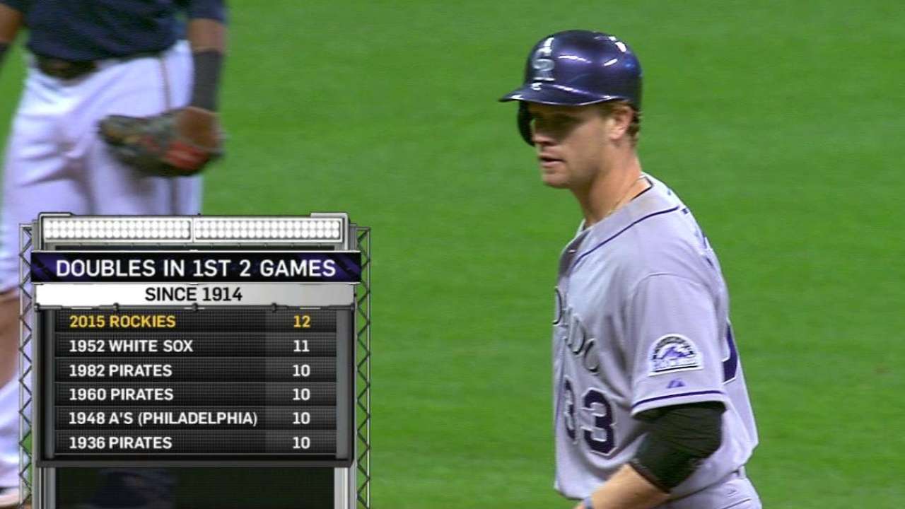 Rockies tie record with 12 2Bs through 2 games
