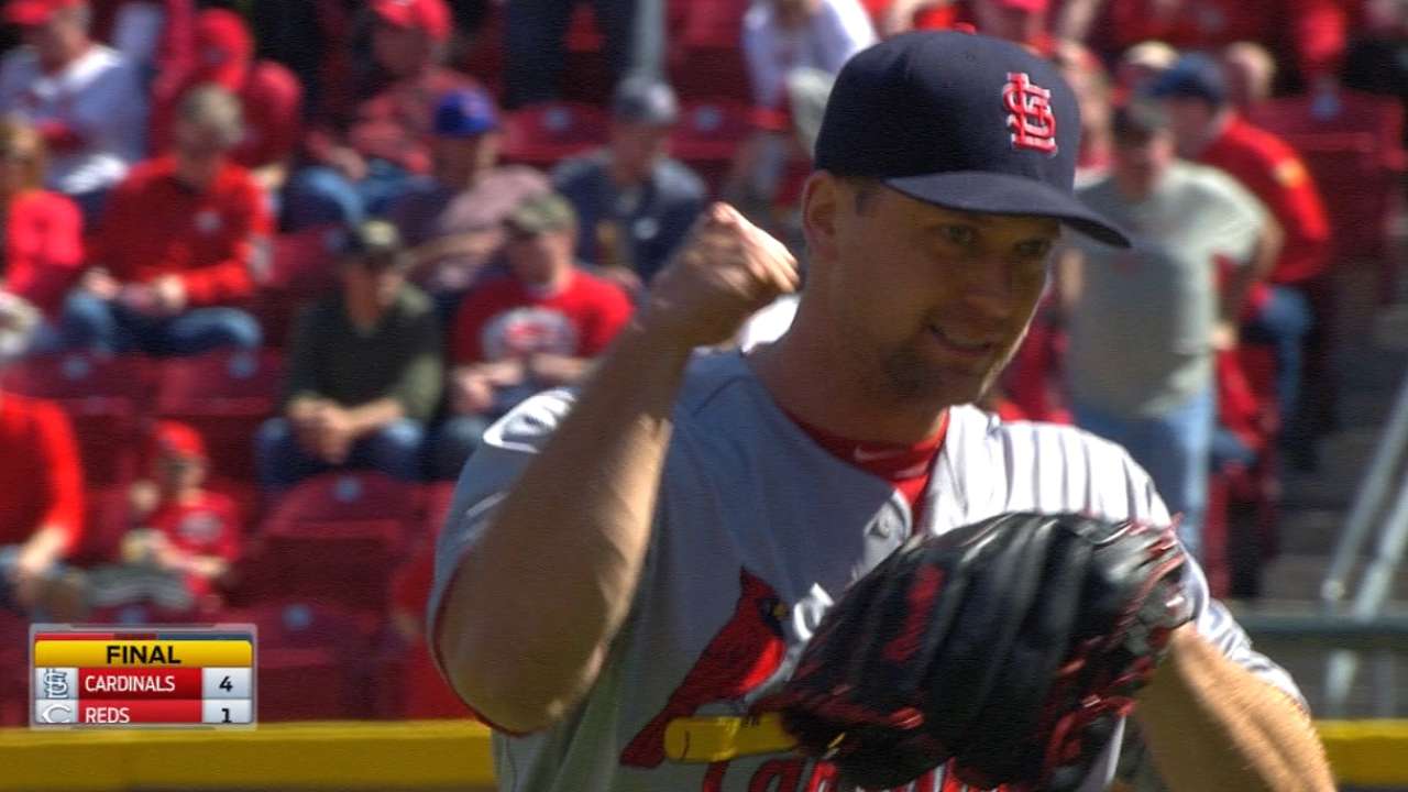 Cards use five relievers in win