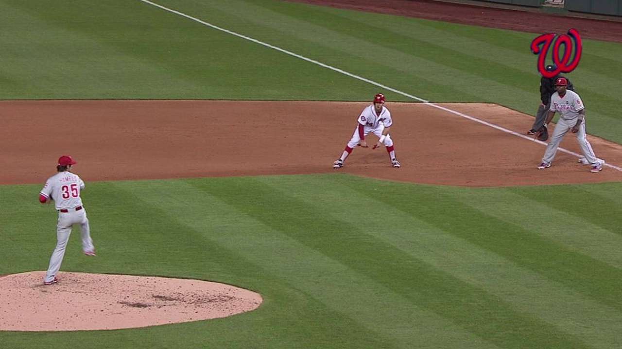Harper advances on balk