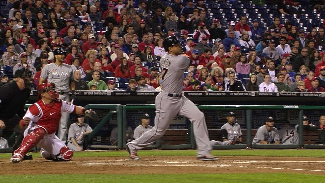 Stanton belts one into visitors' bullpen in Philly