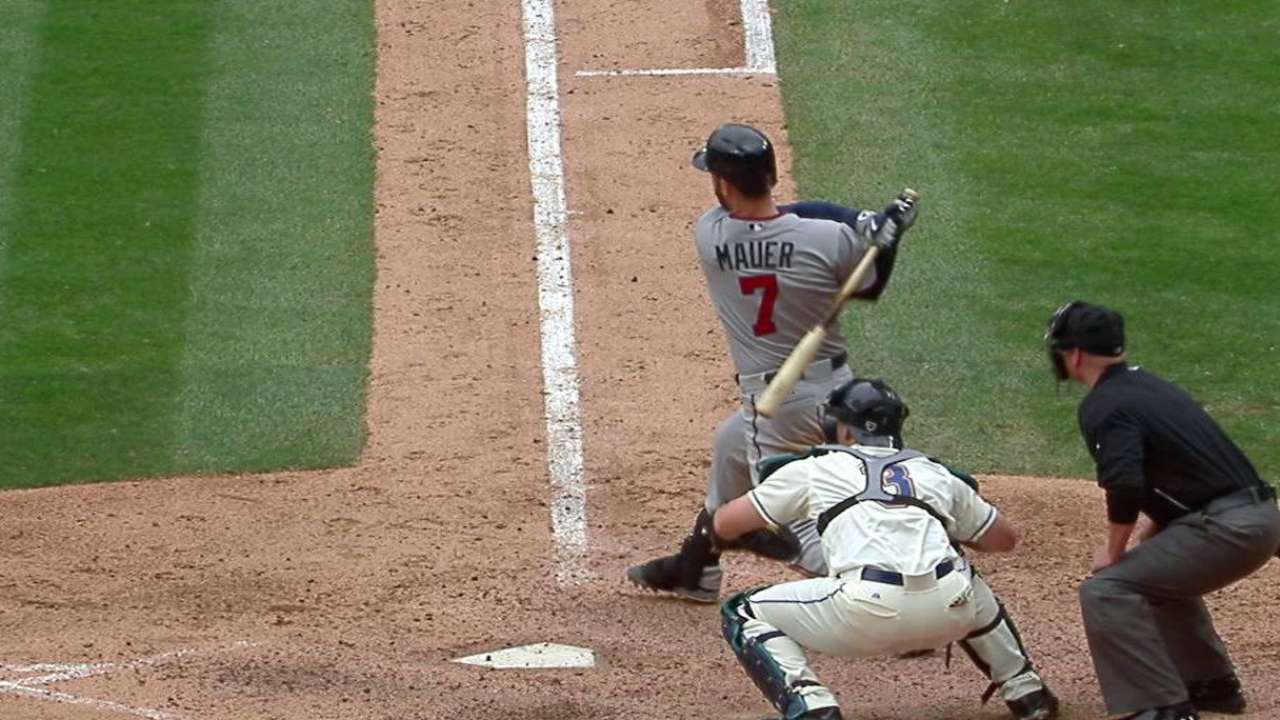Mauer barrels up for three hits to spark Twins