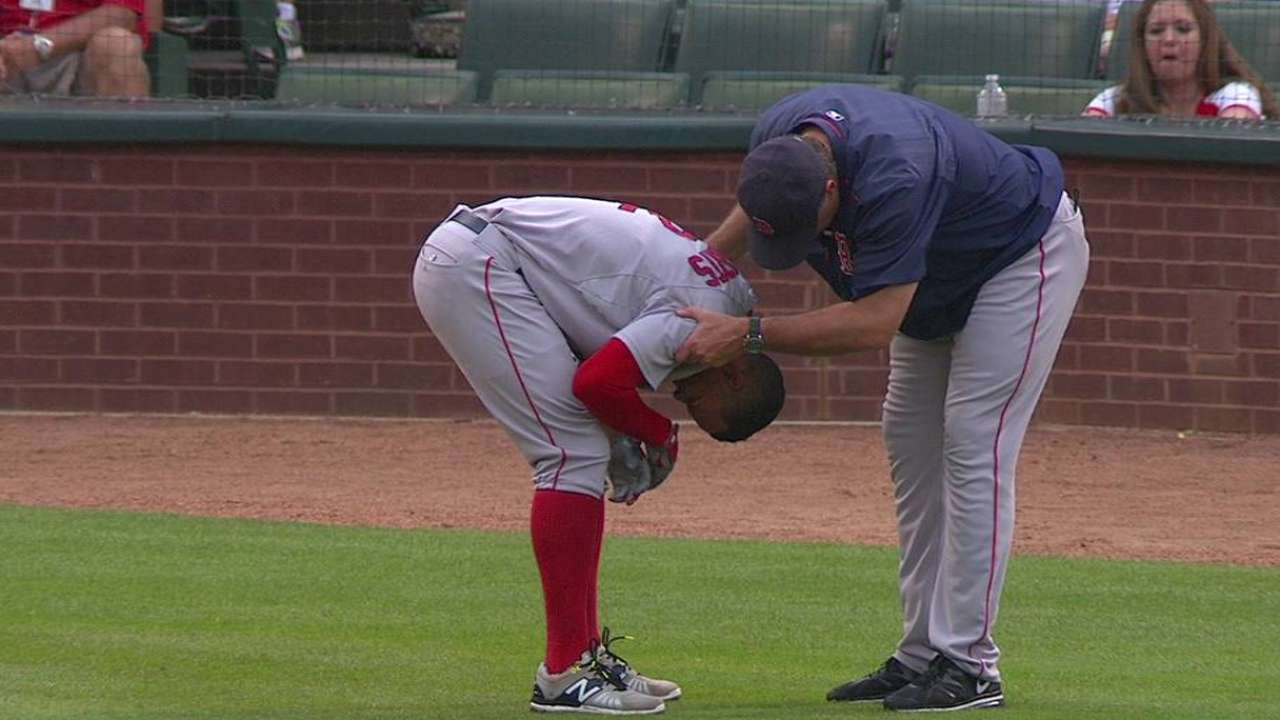 Bogaerts exits with bruised left forearm after HBP