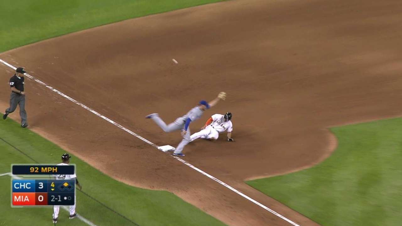 Stanton scores on throwing error
