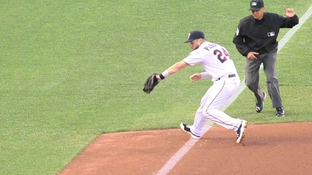 Plouffe's backhanded stop