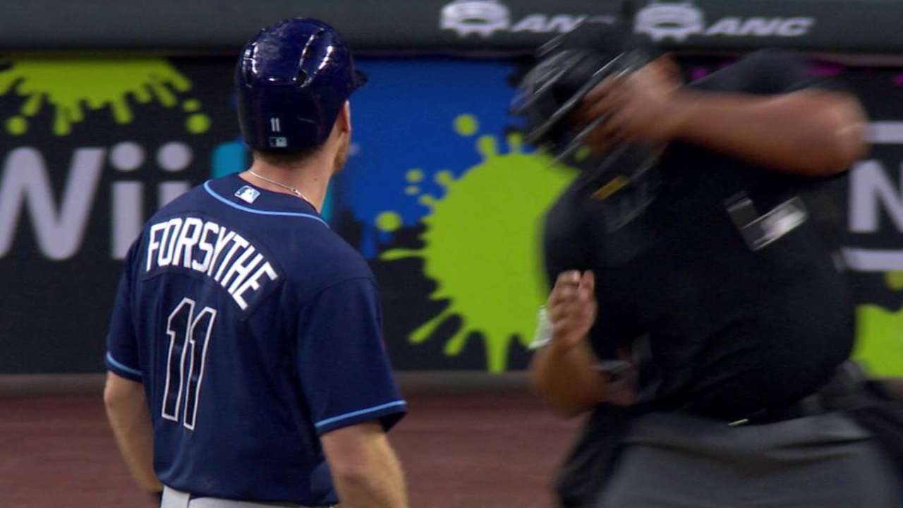 Forsythe's bat nearly hits ump