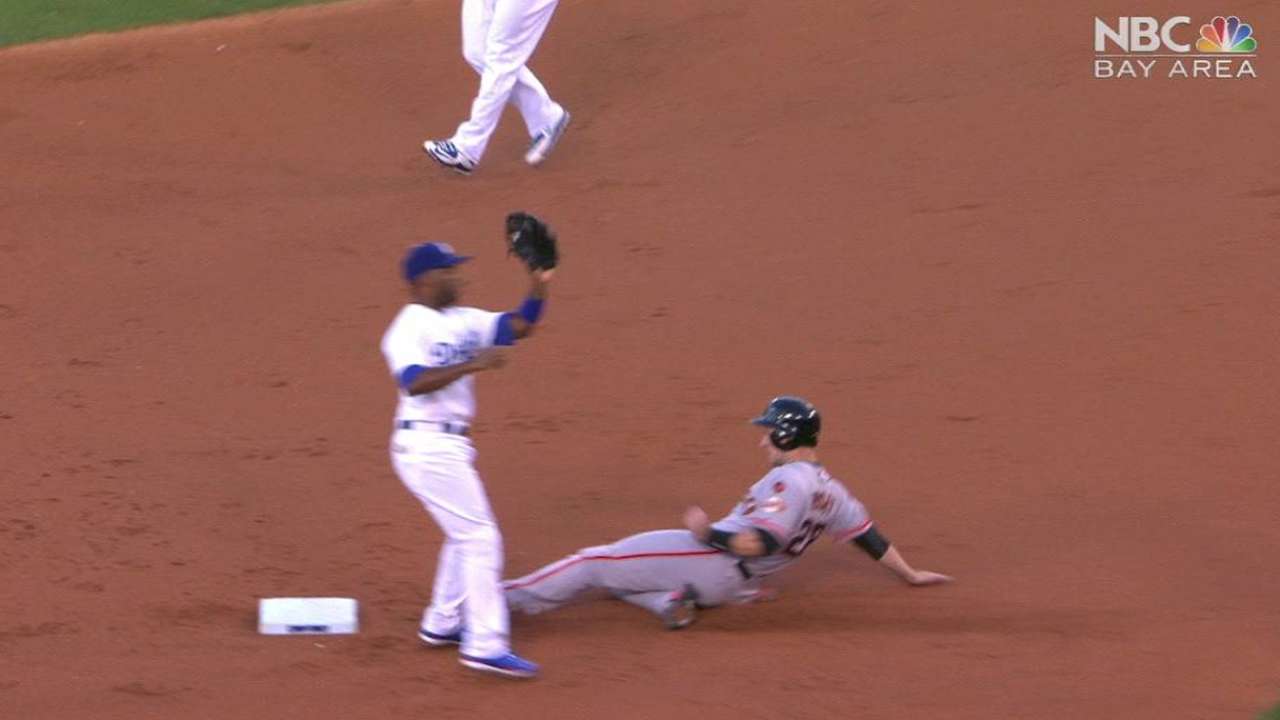 Posey steals second base