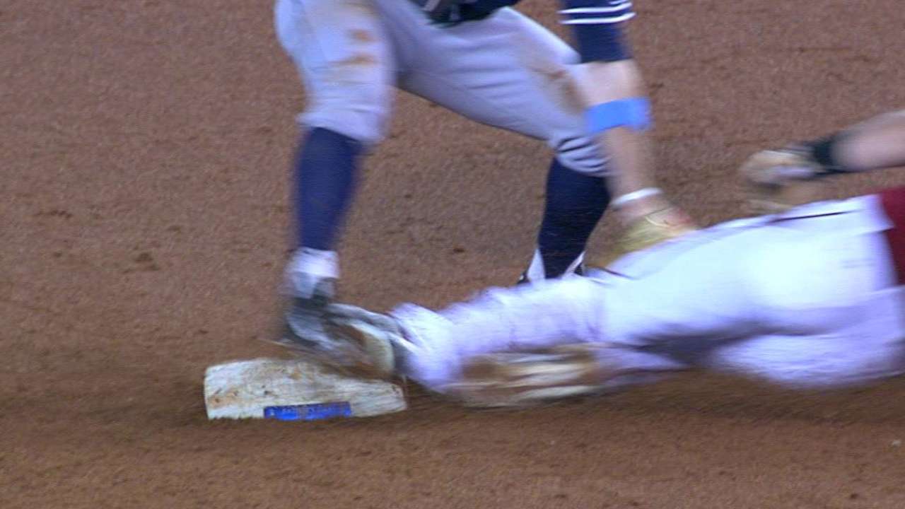 Goldy steals second after review