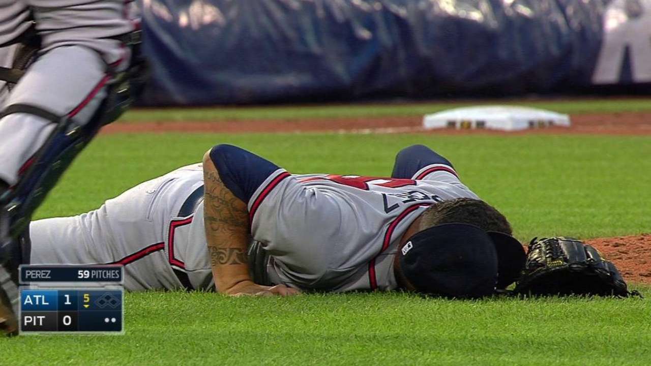 Perez hit with comebacker