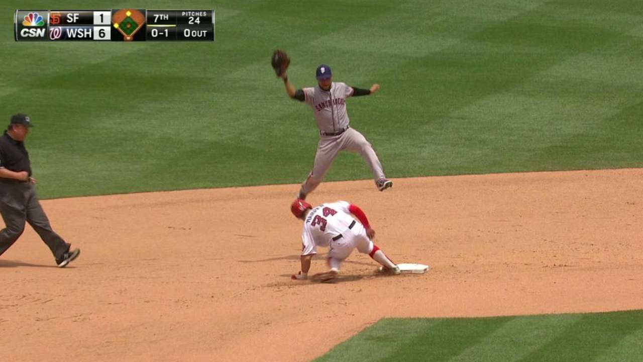 Blanco attempts pickoff from CF