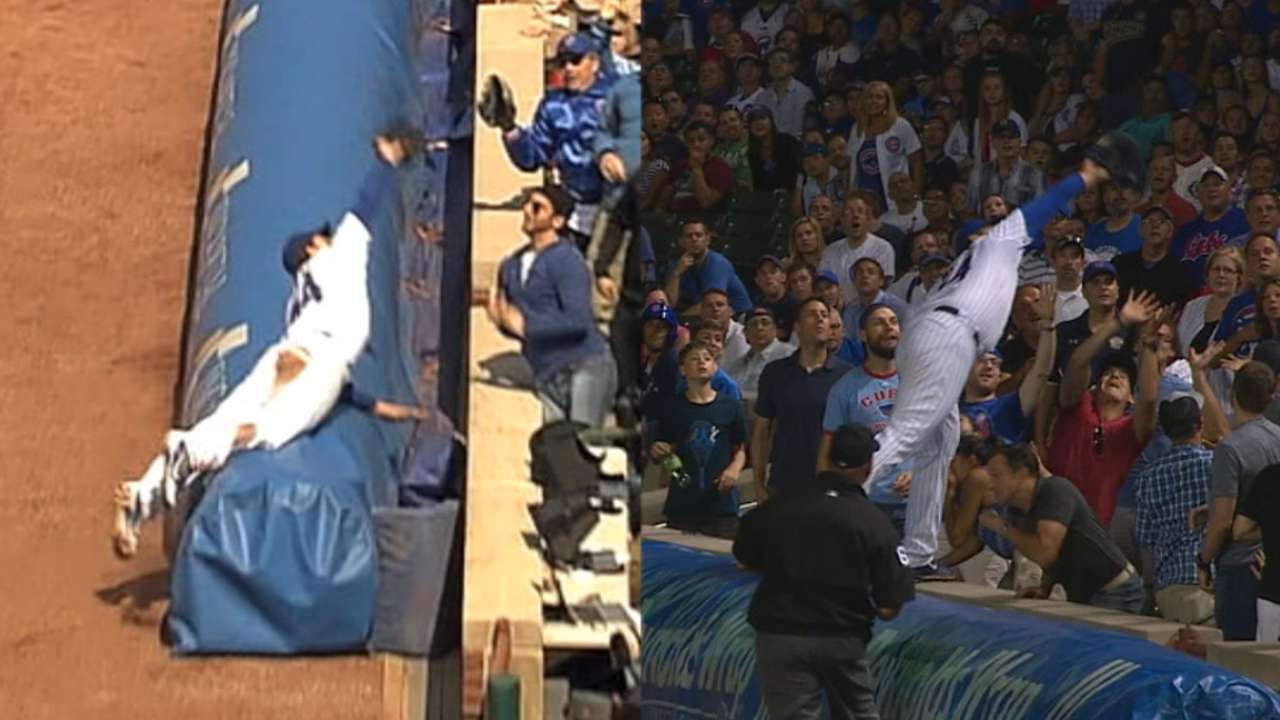 Rizzo climbs on tarp, into stands for catch