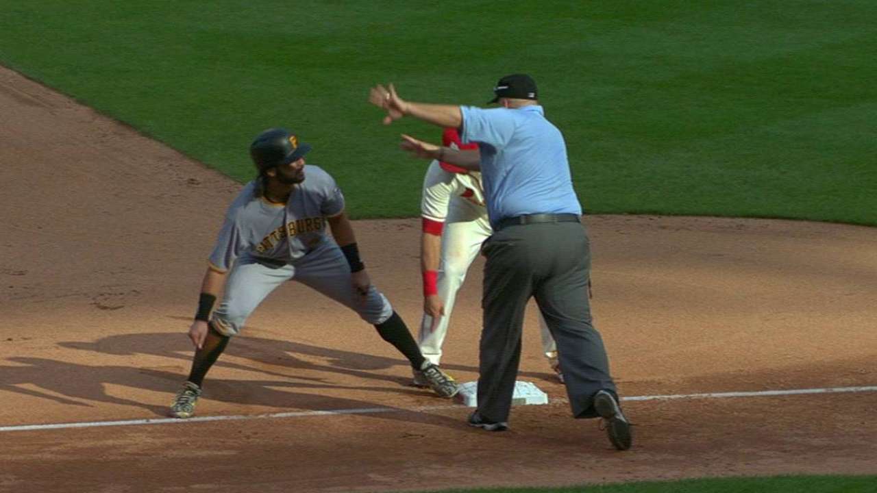 Rodriguez steals third on review