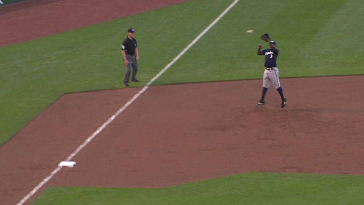 Herrera leaps for the out