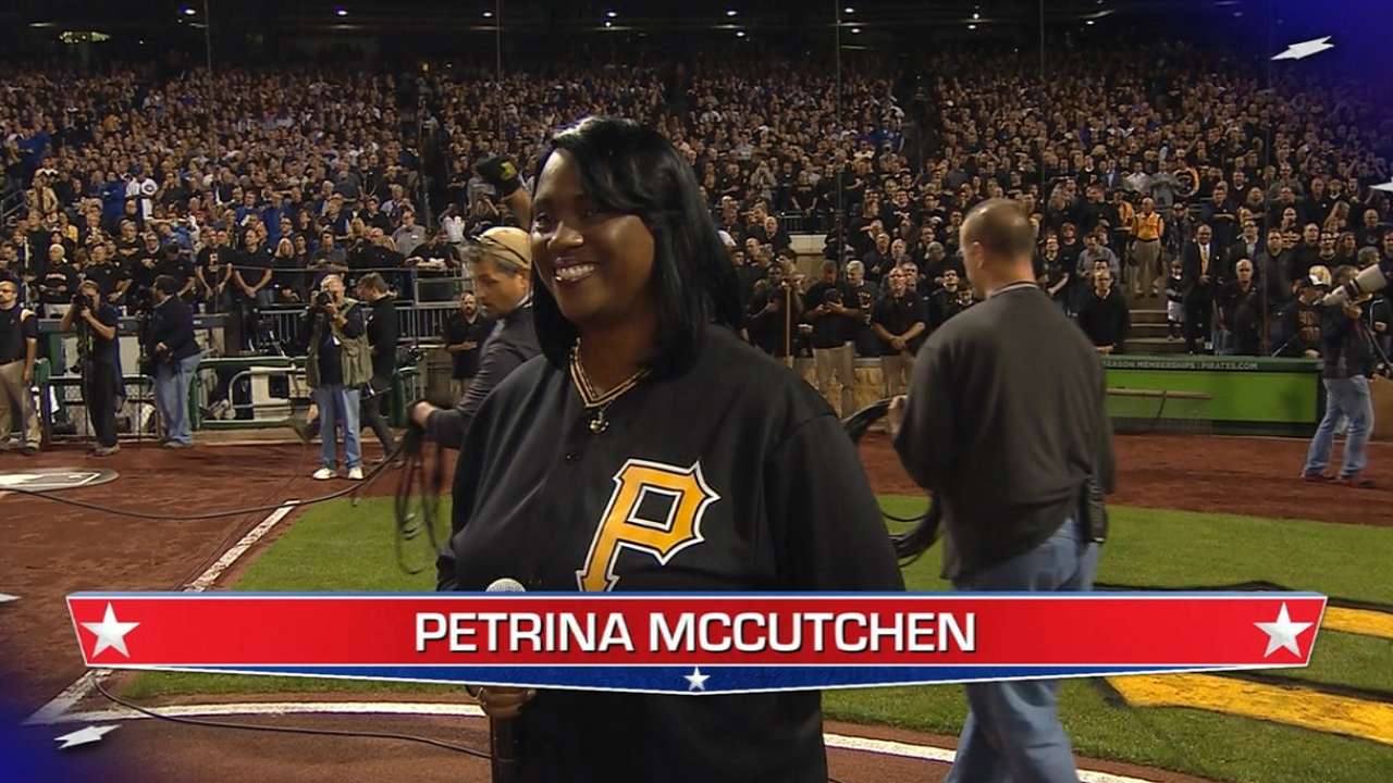 McCutchen's mom sings national anthem