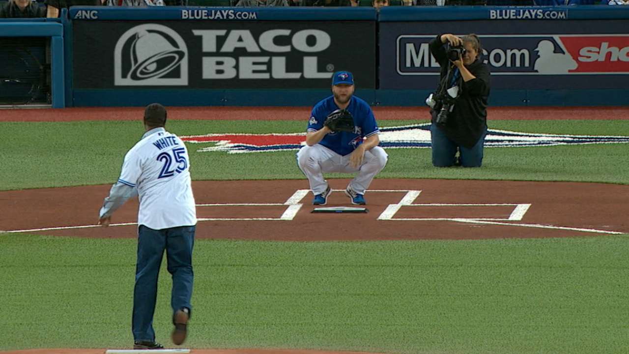 Blue Jays icon White joins pregame festivities