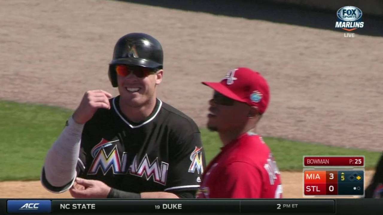 Bour, Marlins top Cards in Leake's solid debut