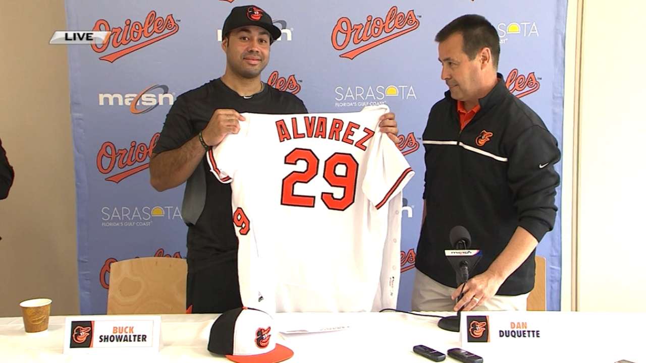 O's welcome balance, more power in Alvarez