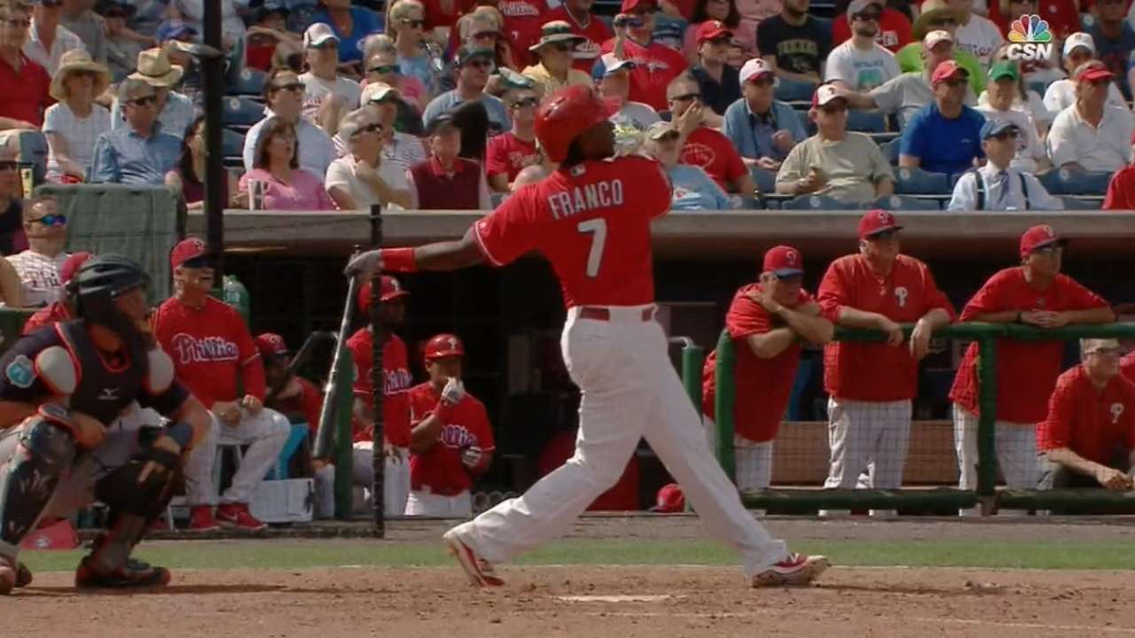 Franco blasts 2 homers as Phils, Tigers tie