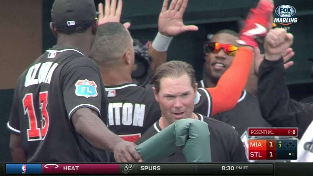 Stanton hits 1st HR, but Marlins fall to Cards