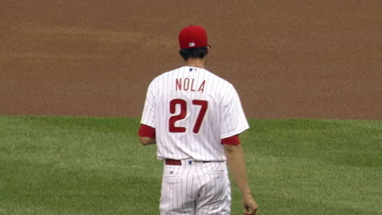 Nola fans five over three frames