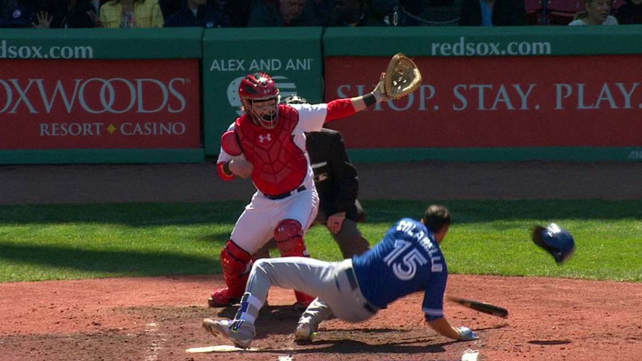 Colabello gets hit in the helmet