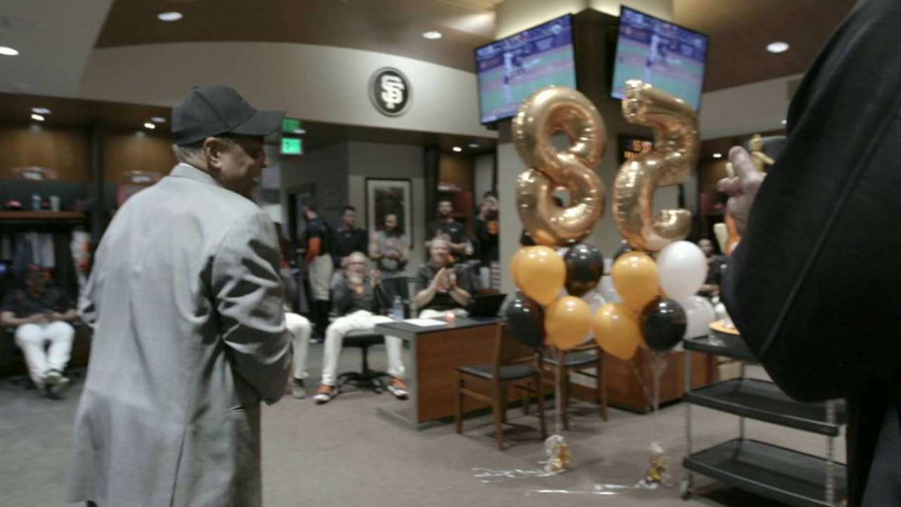 Giants celebrate in clubhouse