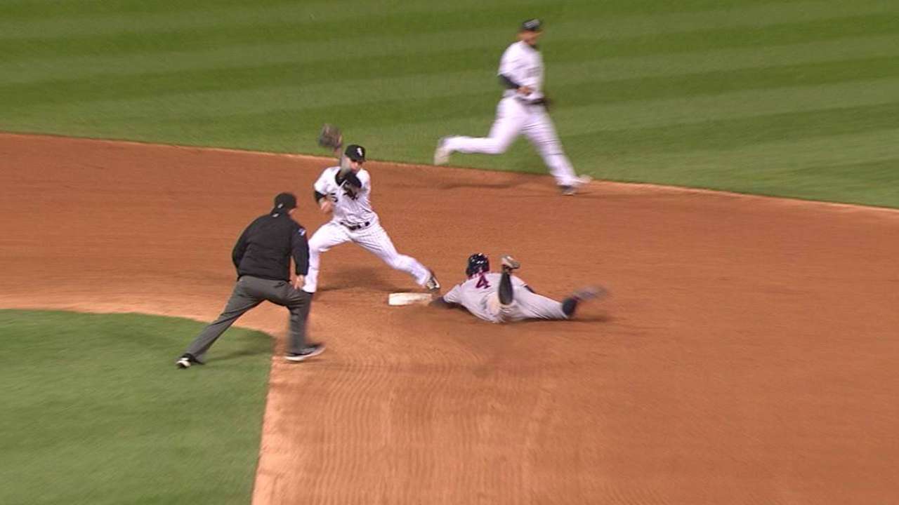 Springer steals second base