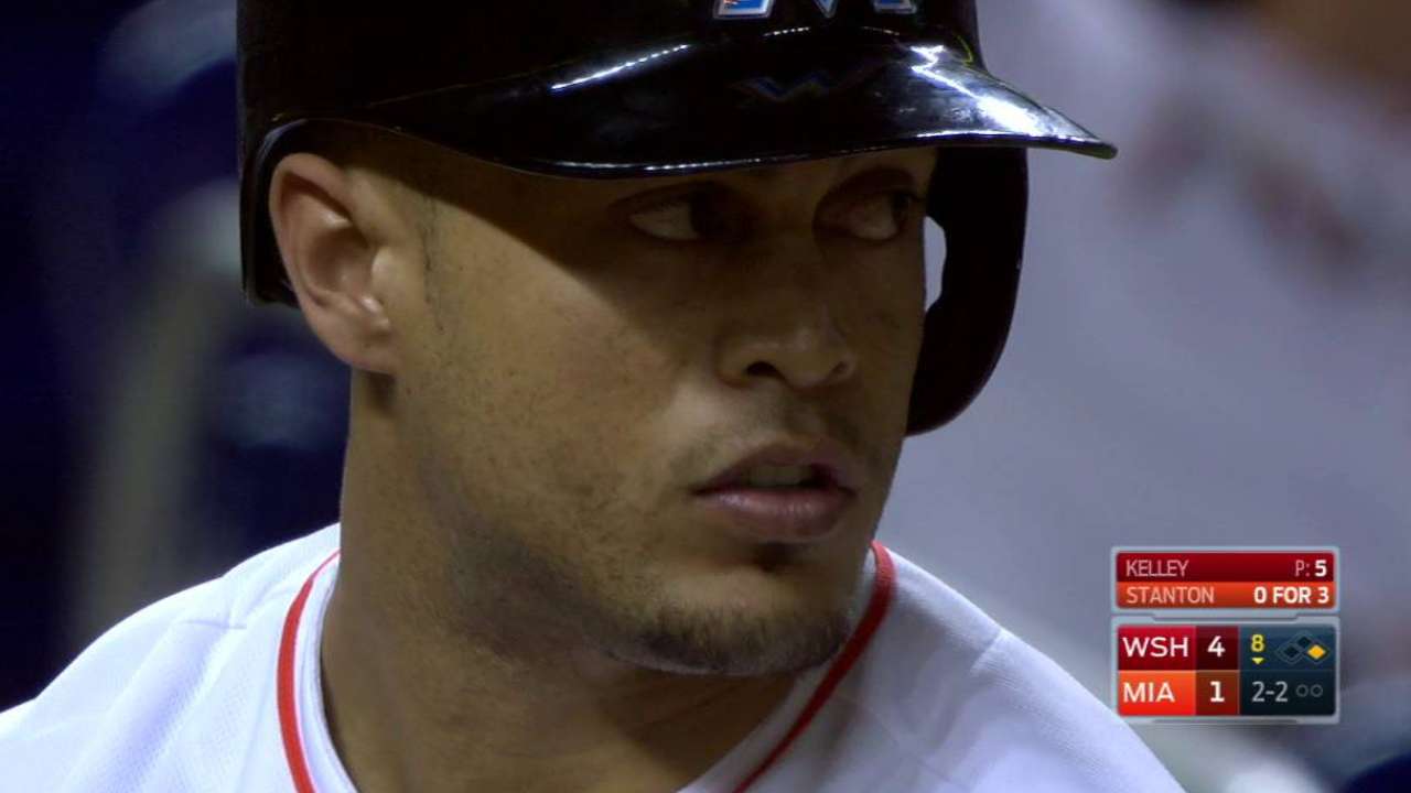Stanton bats with no faceguard