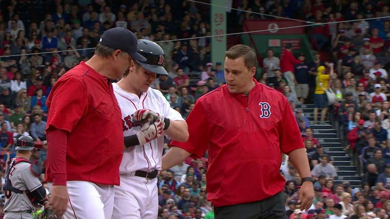 Hanigan gets hit by a pitch