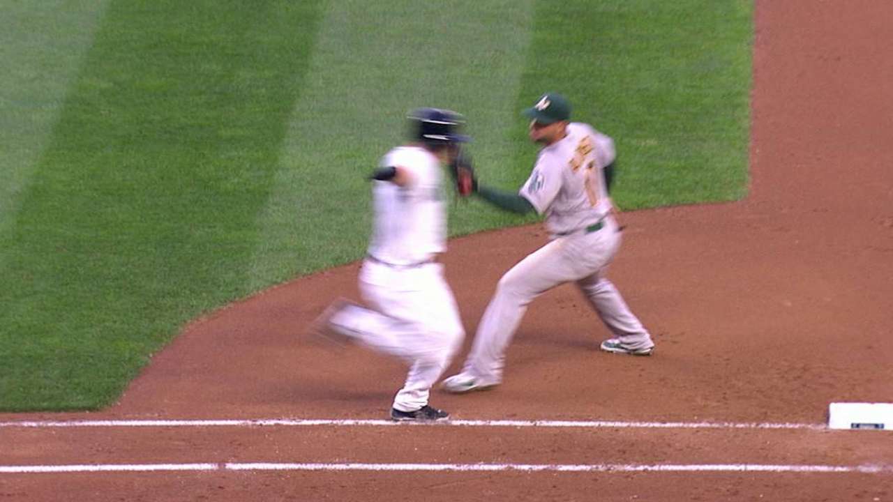 Semien throws out Seager