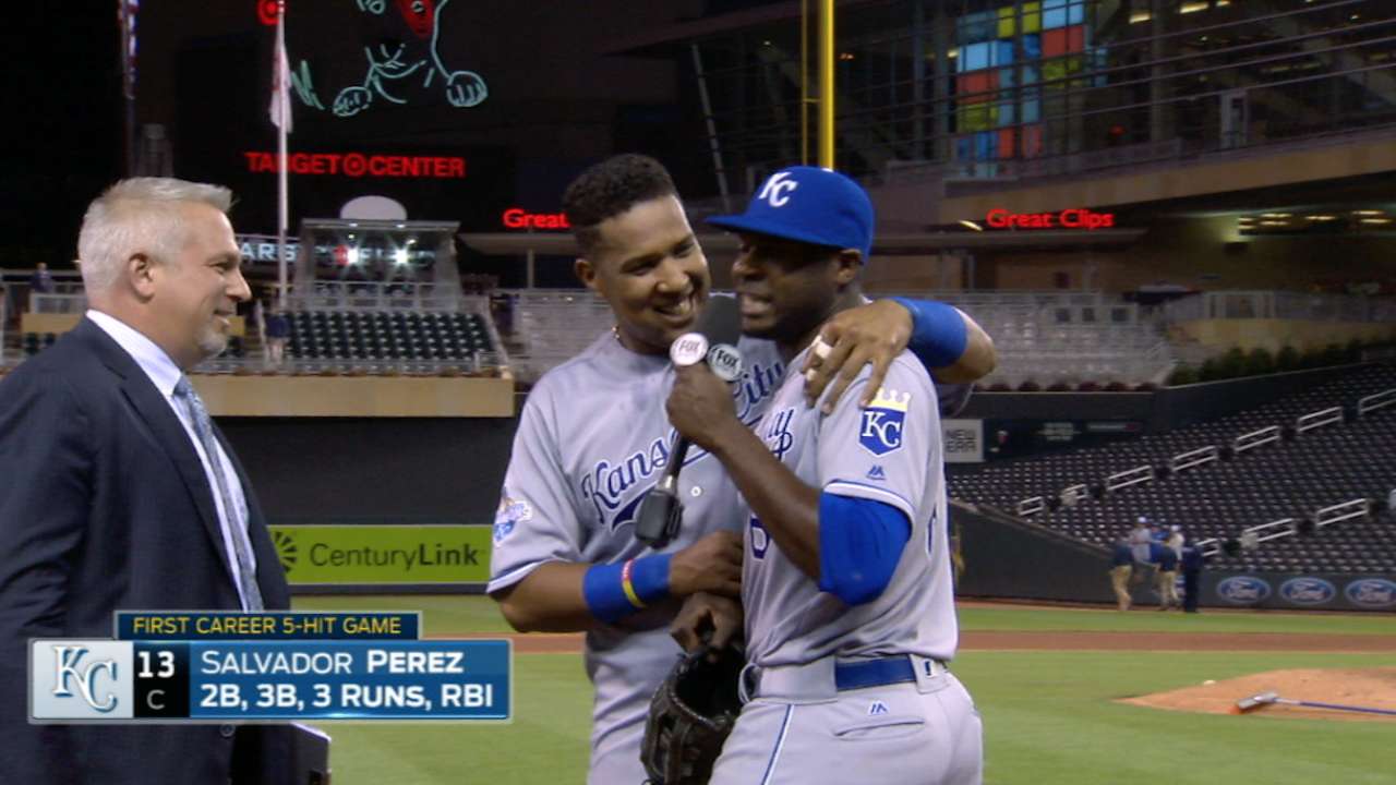 Perez on his bat, Cain joins in