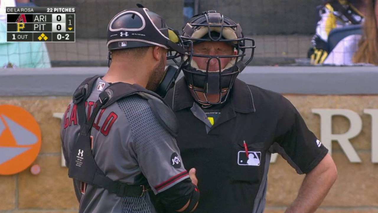 Umpire Guccione struck by foul, leaves game