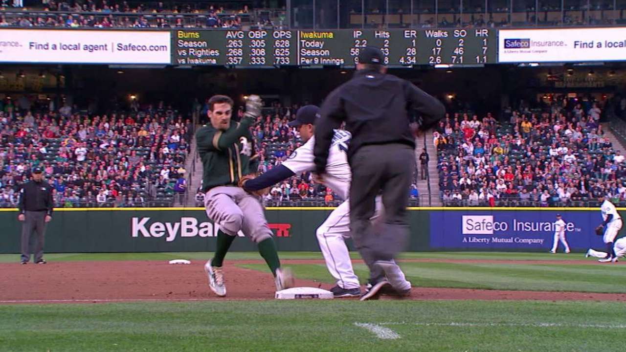 Cano throws Burns out at third